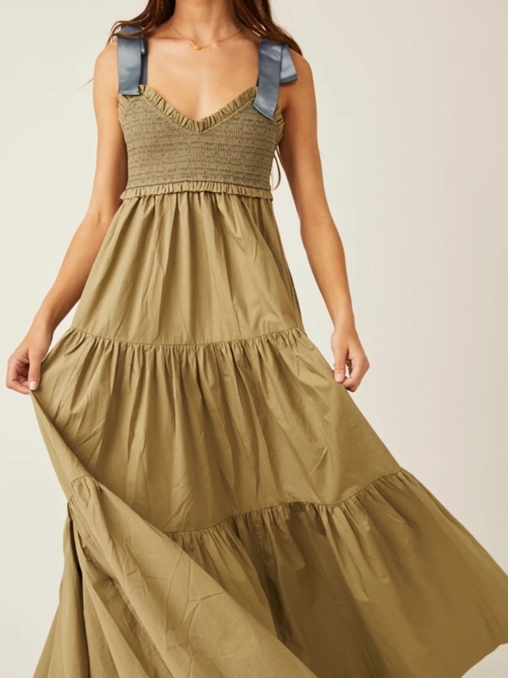 Free People Bluebell Olive Tiered Maxi Dress with Blue Ribbon Straps